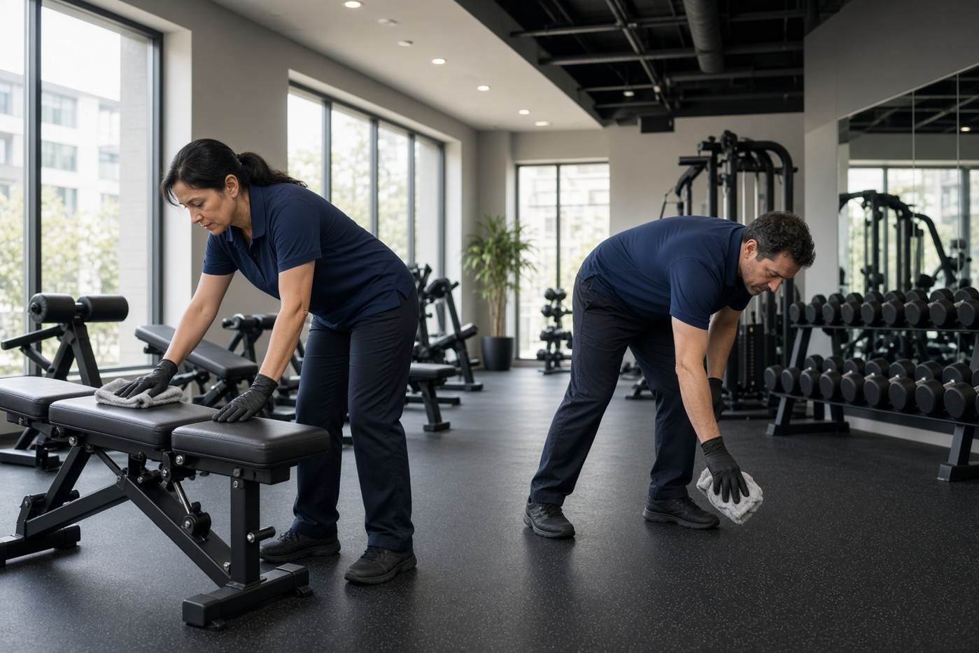 Gym benches and floors being wiped after hours