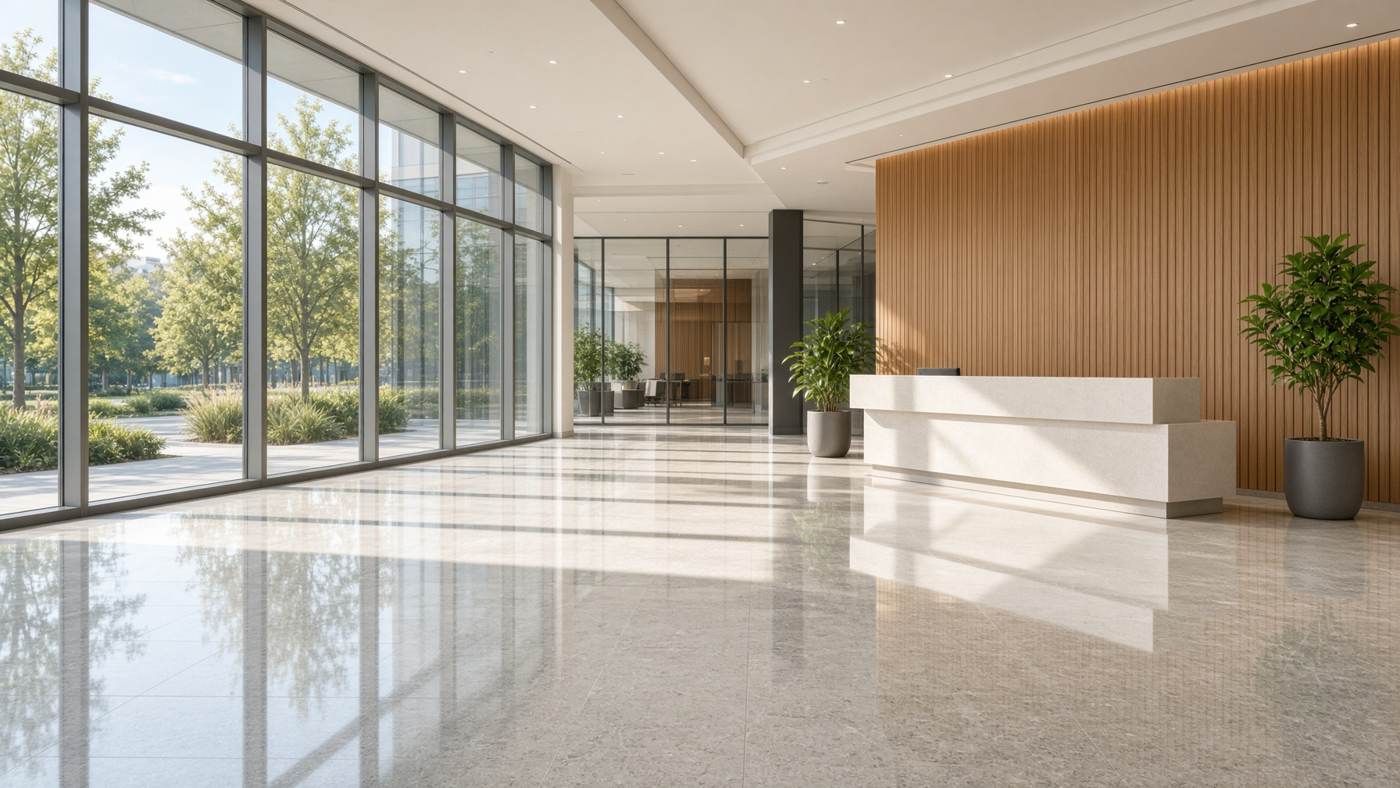 Clean commercial lobby after Think Clean janitorial service in Pleasant Hill