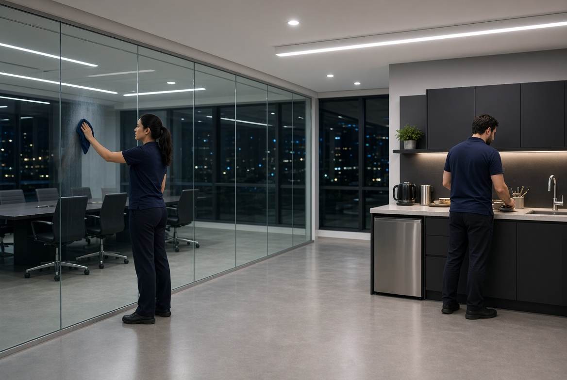 Glass office walls and a tech kitchen being cleaned after hours