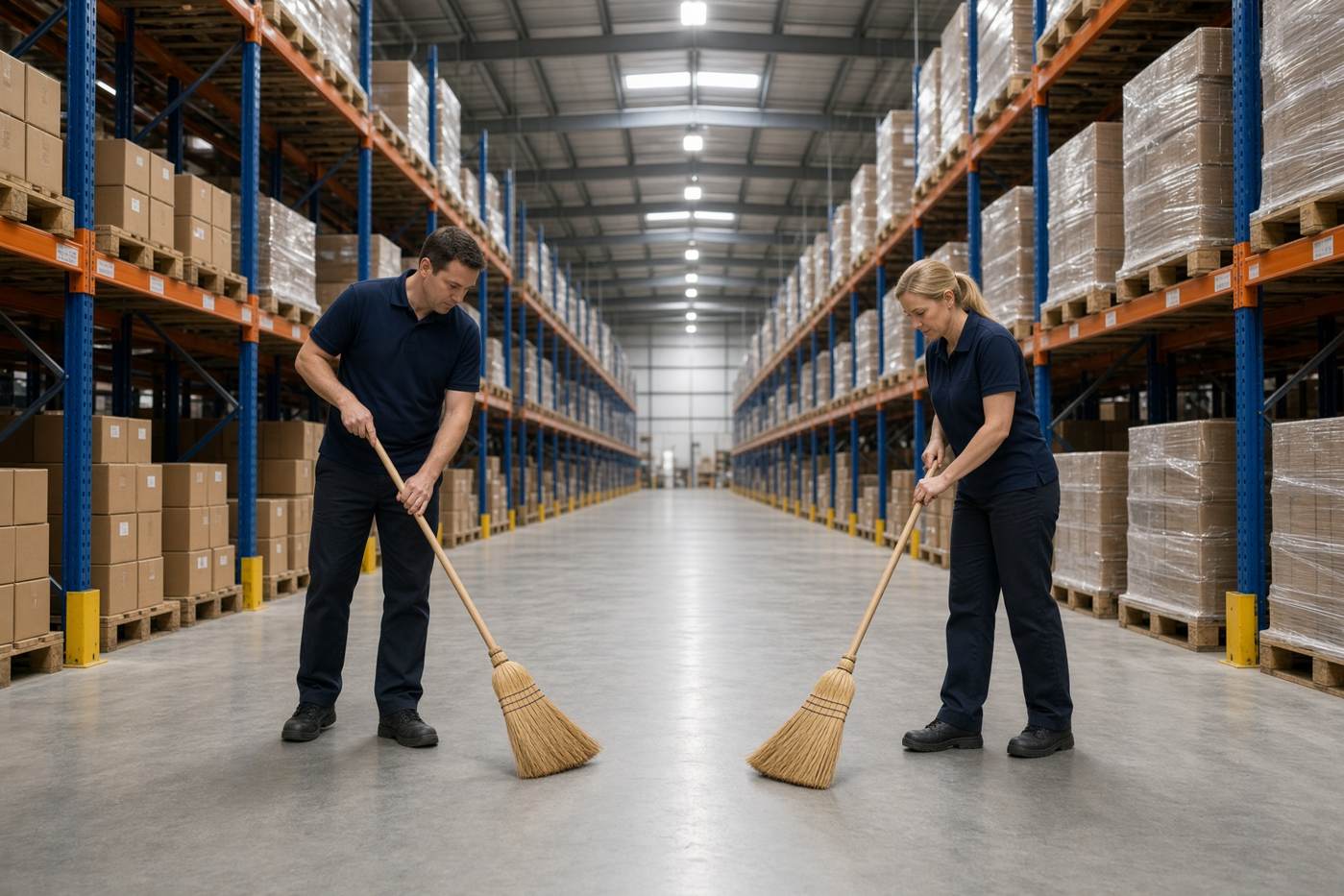 Warehouse aisle being swept